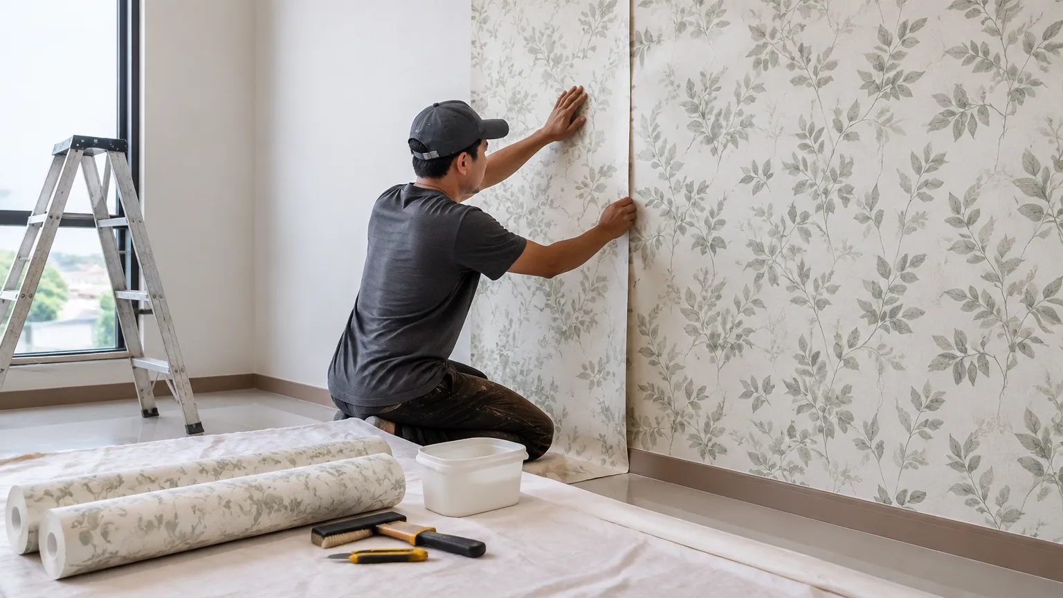 Pekerja memasang wallpaper bermotif pada dinding