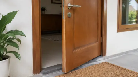Pintu kayu rumah dengan celah di dekat ambang