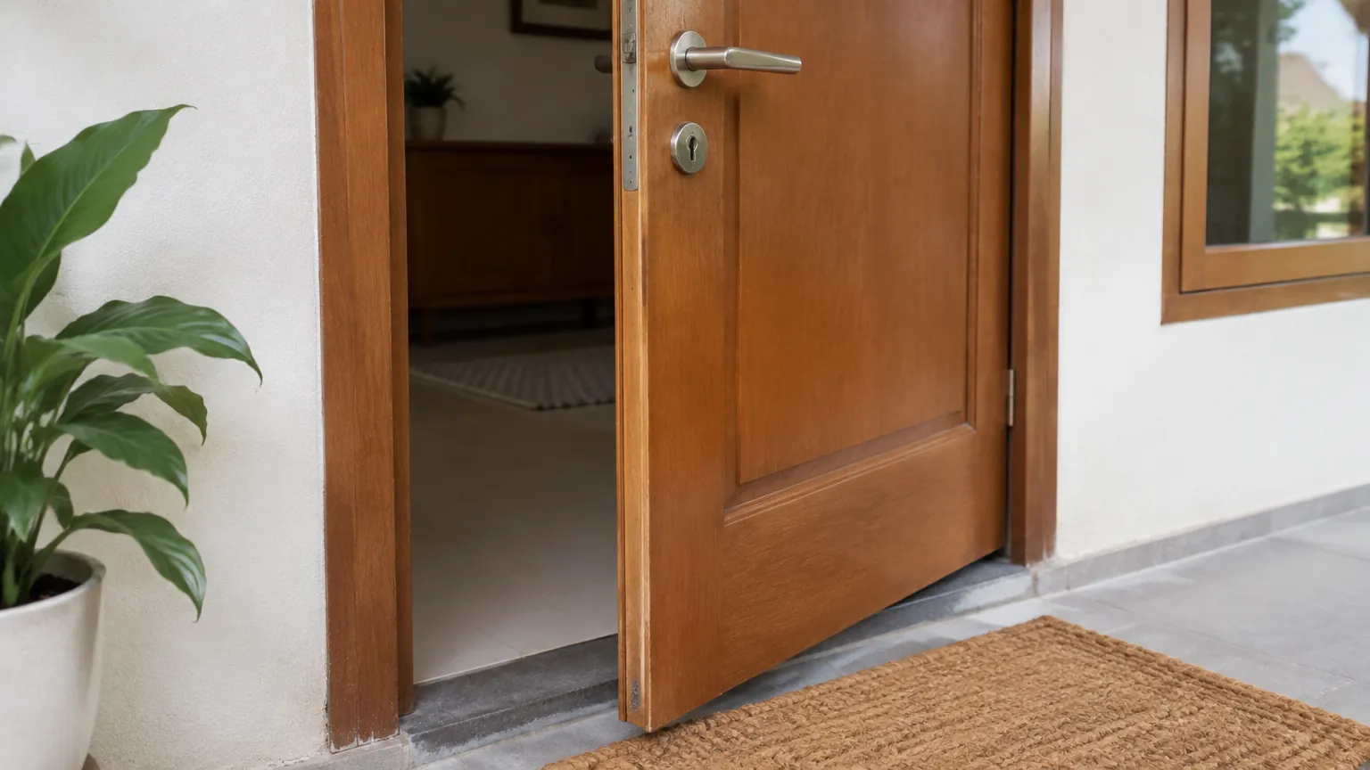 Pintu kayu rumah dengan celah di dekat ambang