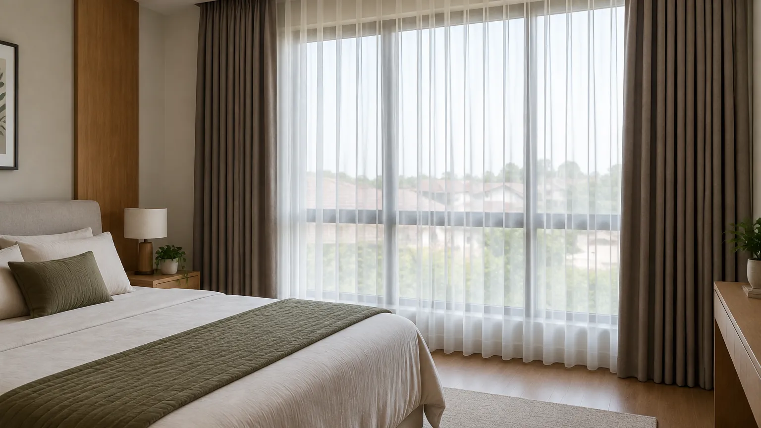 Kamar tidur dengan tirai tipis dan tirai tebal di jendela lebar