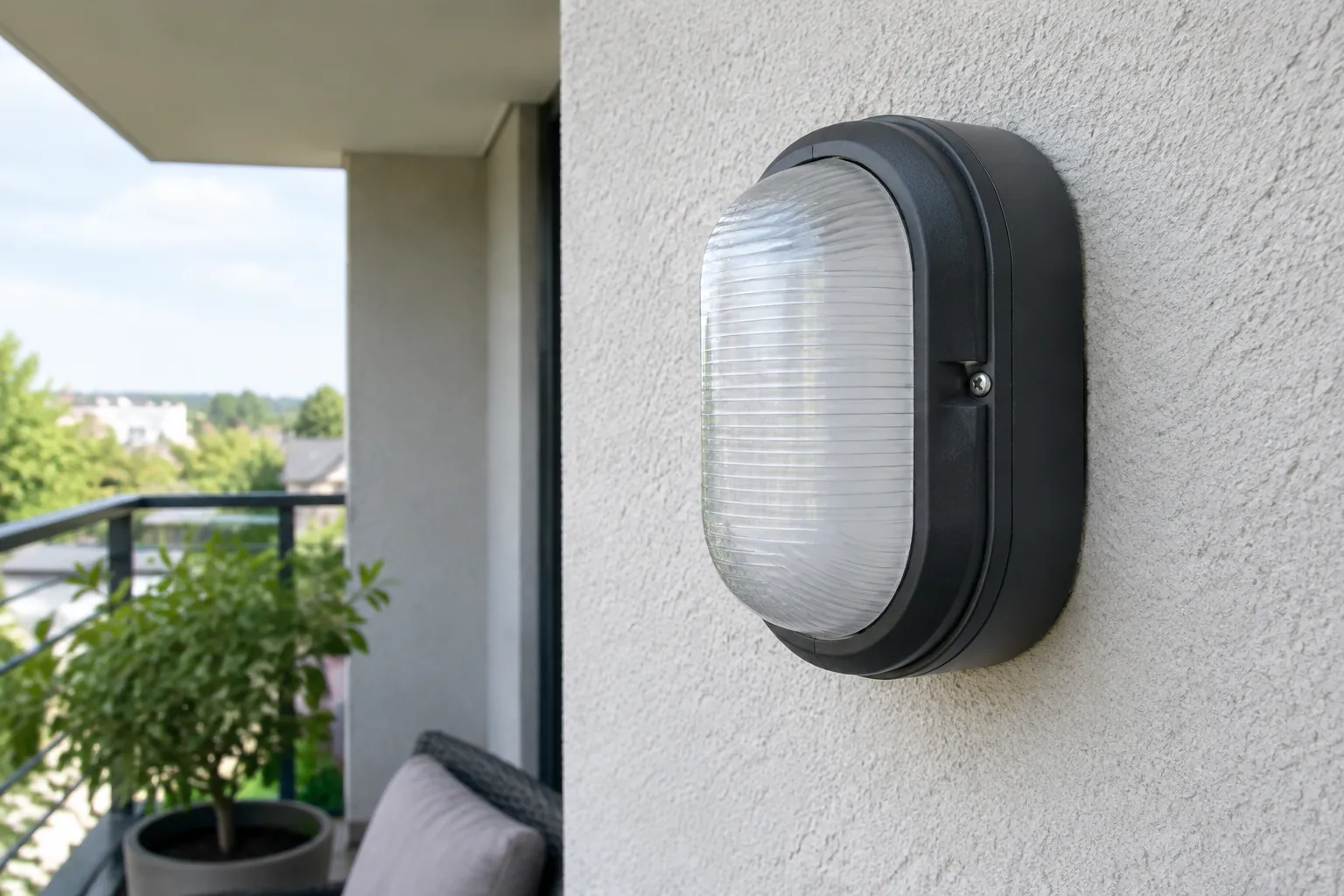 Lampu dinding luar berpenutup pada balkon, dengan sambungan rumah lampu terlihat dari dekat.