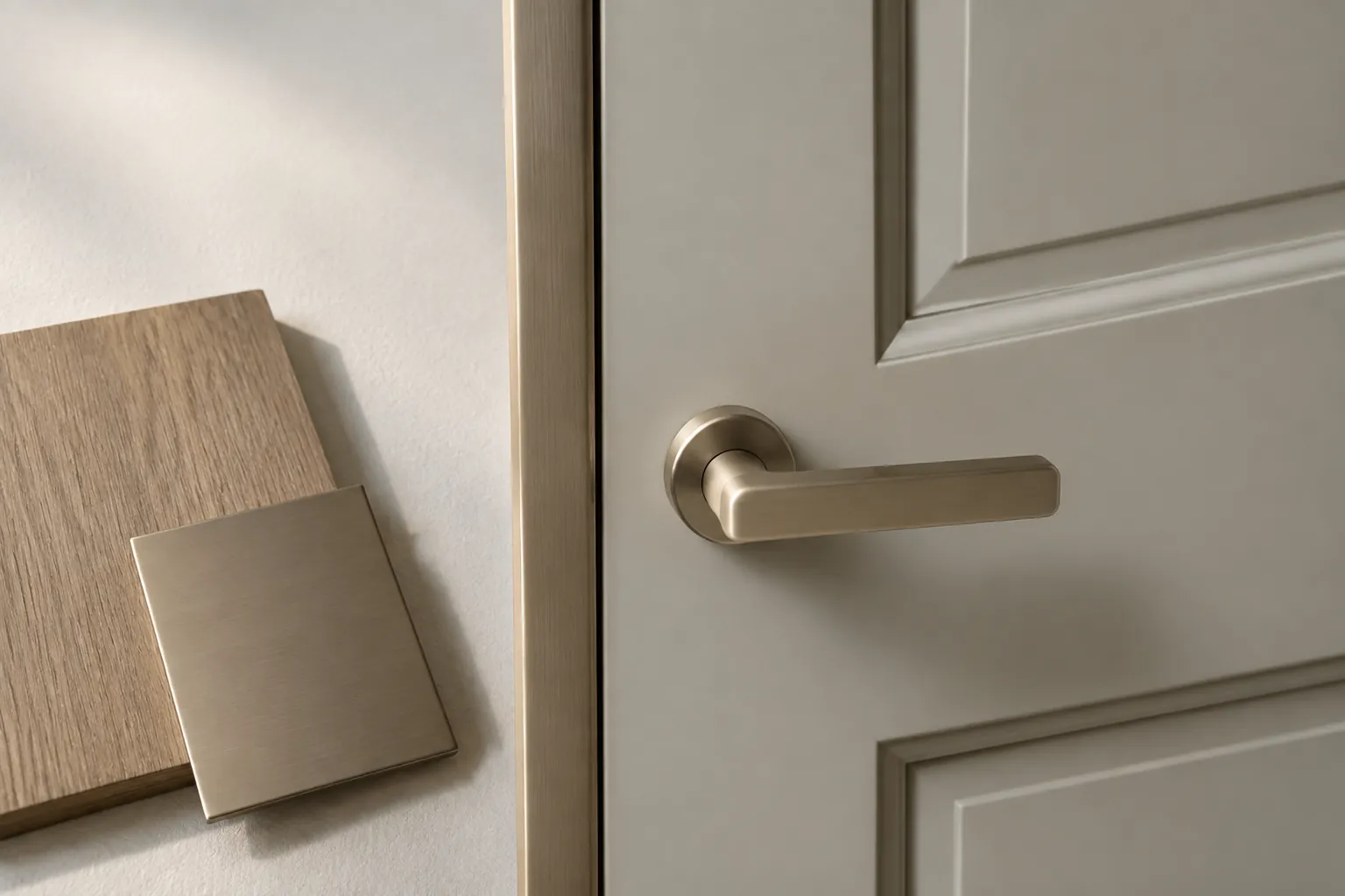 Gagang pintu logam di dekat sampel warna trim