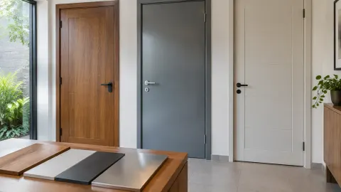 Tiga contoh pintu dari kayu, logam, dan bahan terang