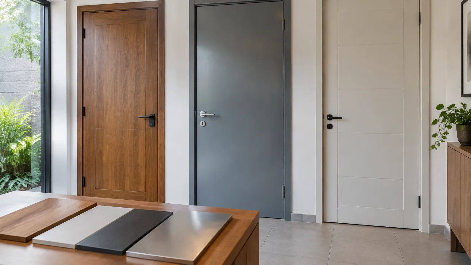 Tiga contoh pintu dari kayu, logam, dan bahan terang