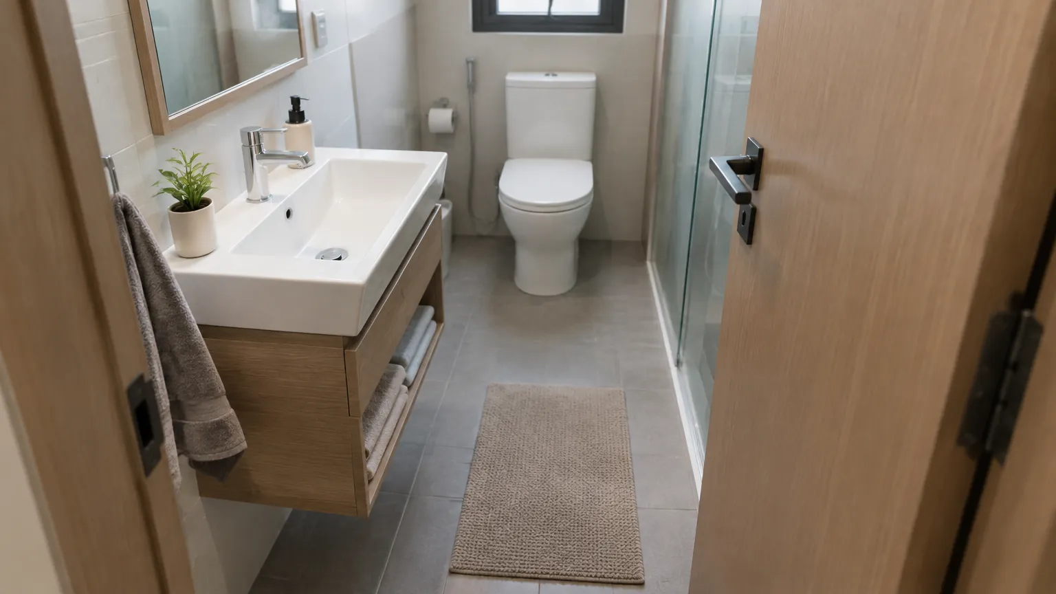 Kamar mandi sempit dengan wastafel kecil dan kloset