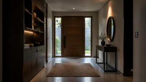 Foyer gelap dengan pintu kayu di ujung lorong