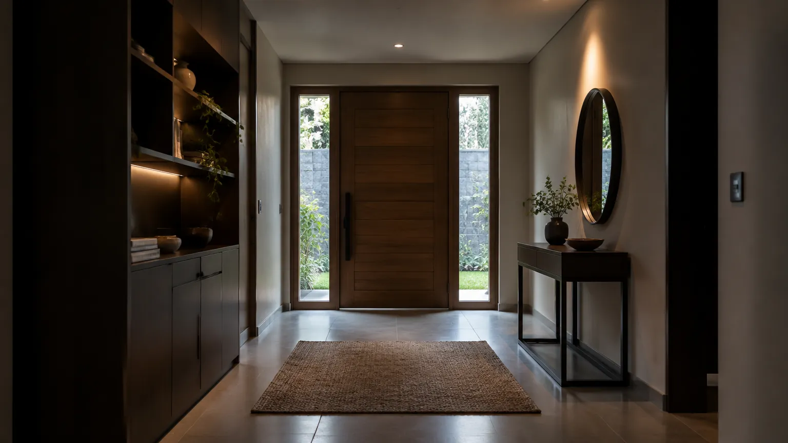 Foyer gelap dengan pintu kayu di ujung lorong