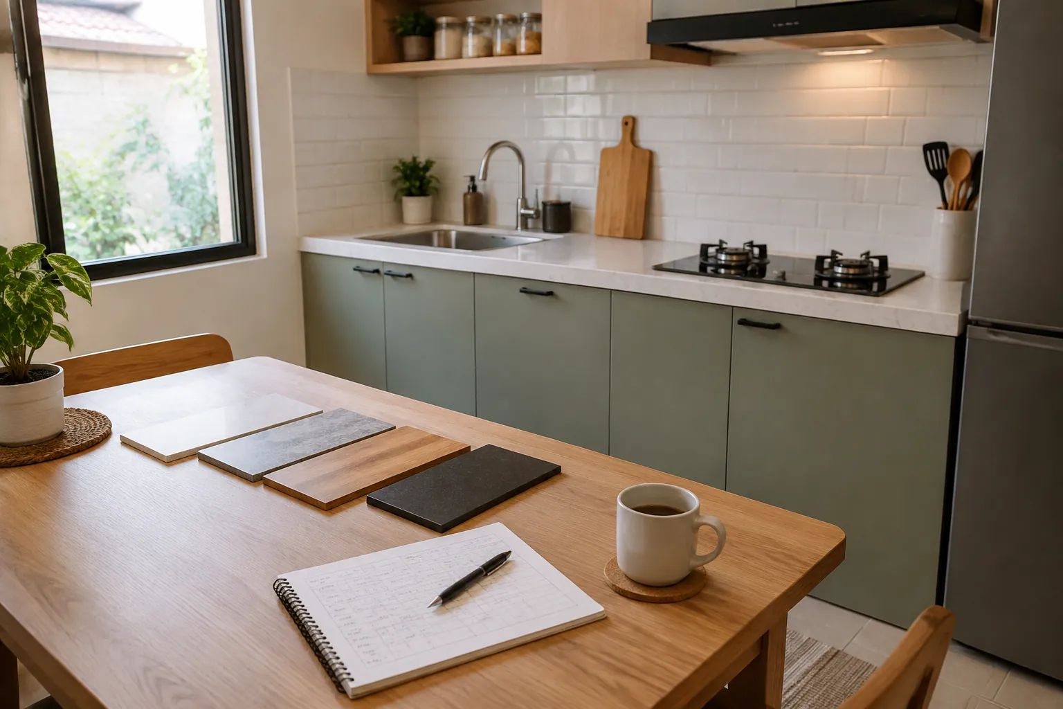 Sampel warna dan bahan disusun di meja depan dapur sempit