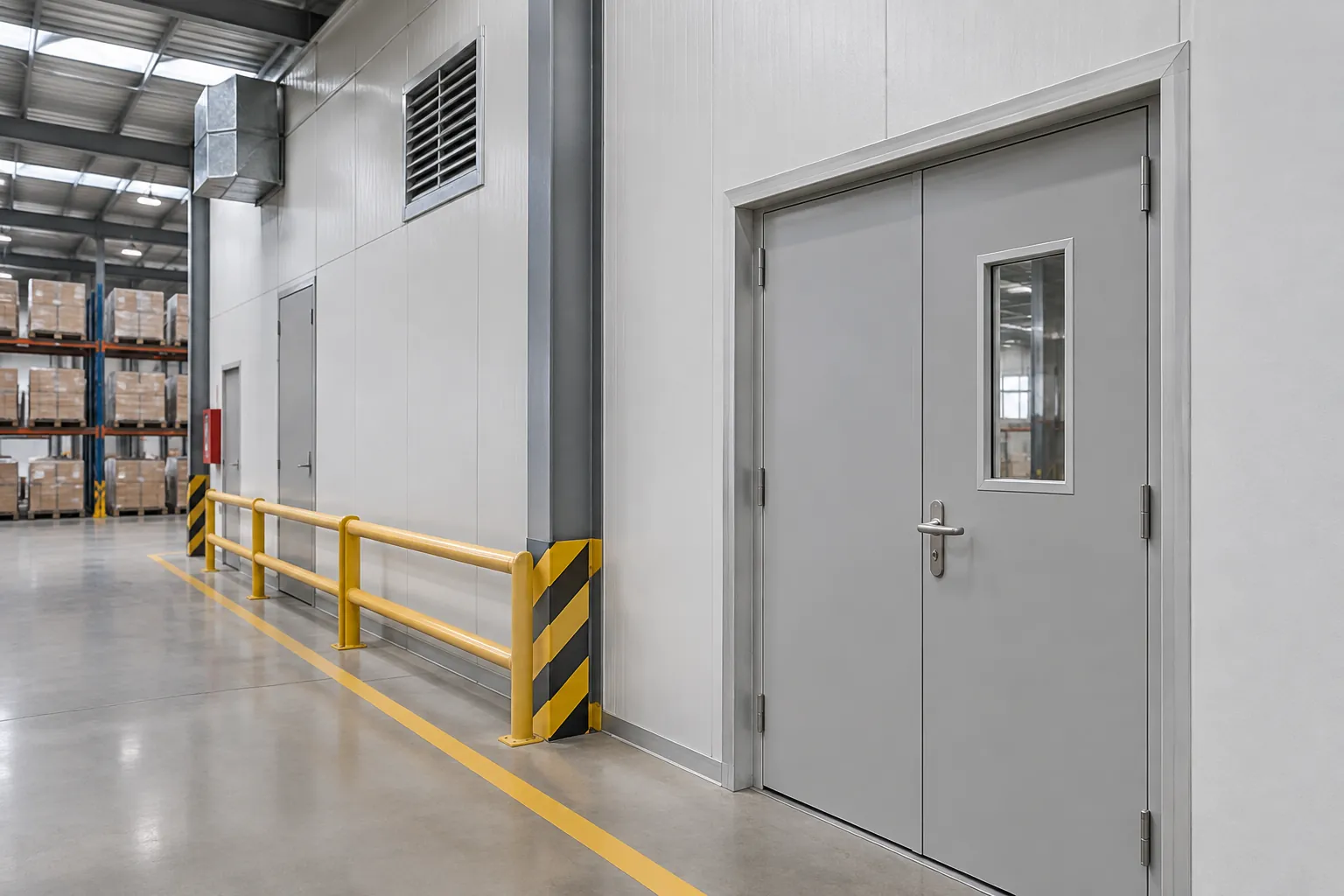 Pintu logam dan pagar pelindung di lorong gudang