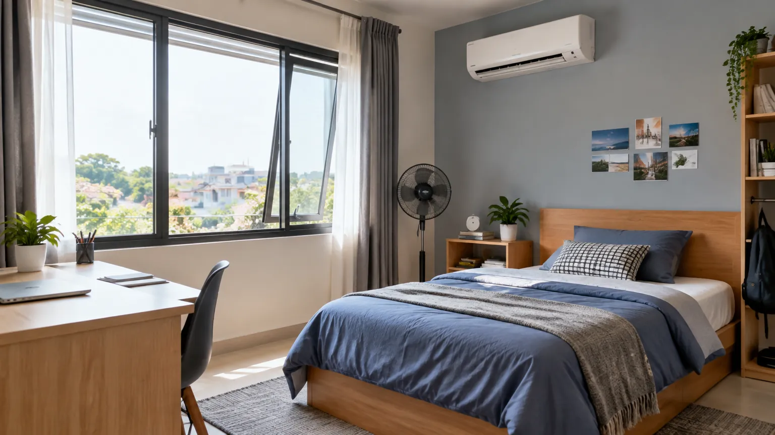 Kamar remaja dengan meja belajar, tempat tidur, dan jendela besar