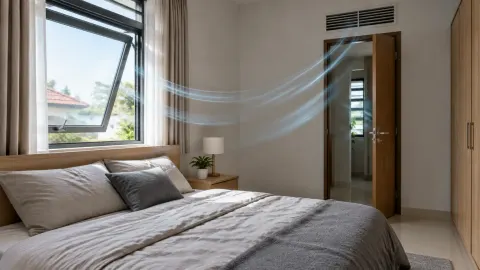 Kamar tidur dengan jendela terbuka dan ilustrasi aliran udara menuju pintu