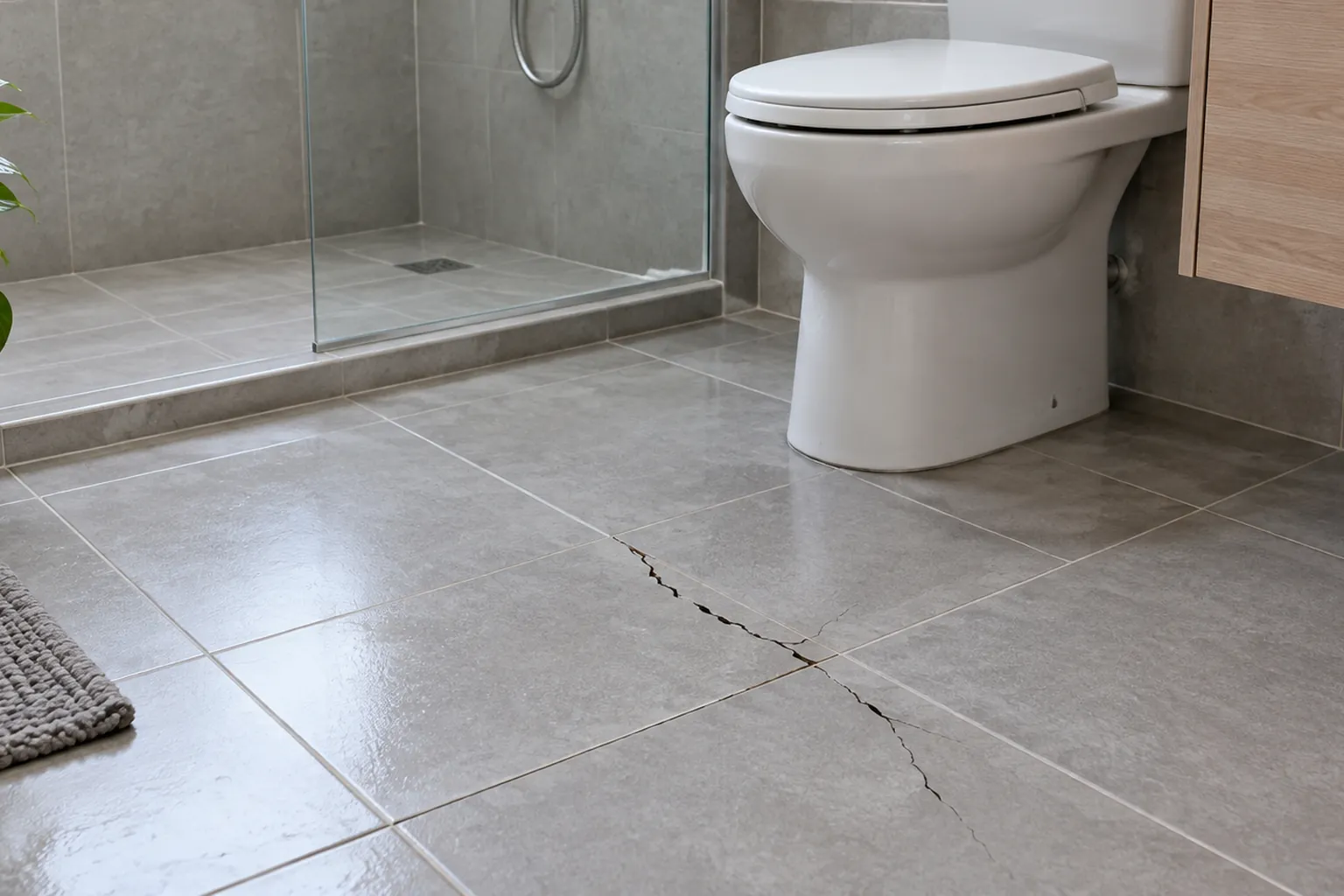 Retakan keramik lantai kamar mandi dekat toilet