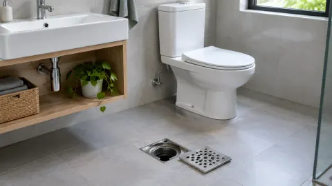 Dua saluran lantai terlihat di kamar mandi