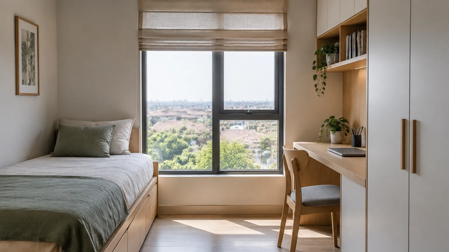 Kamar tidur kecil dengan tempat tidur dan meja dekat jendela