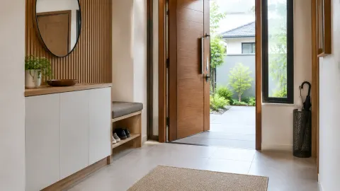 Foyer dengan kabinet rendah, bangku, dan pintu ke halaman