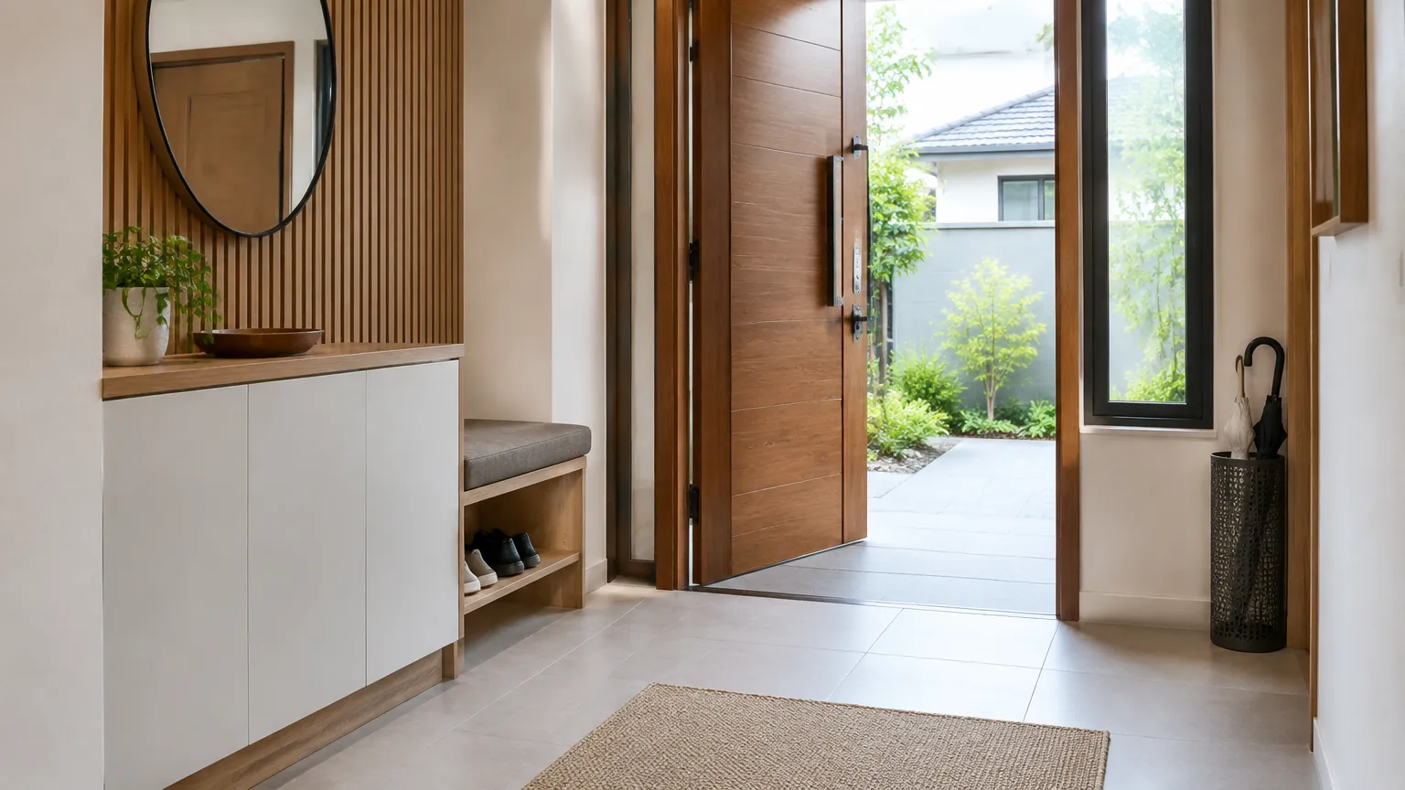 Foyer dengan kabinet rendah, bangku, dan pintu ke halaman