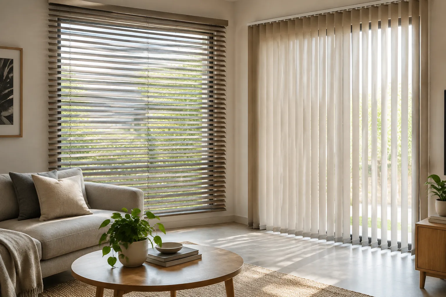 Venetian blind dan tirai vertikal menutup dua bukaan ruang tamu