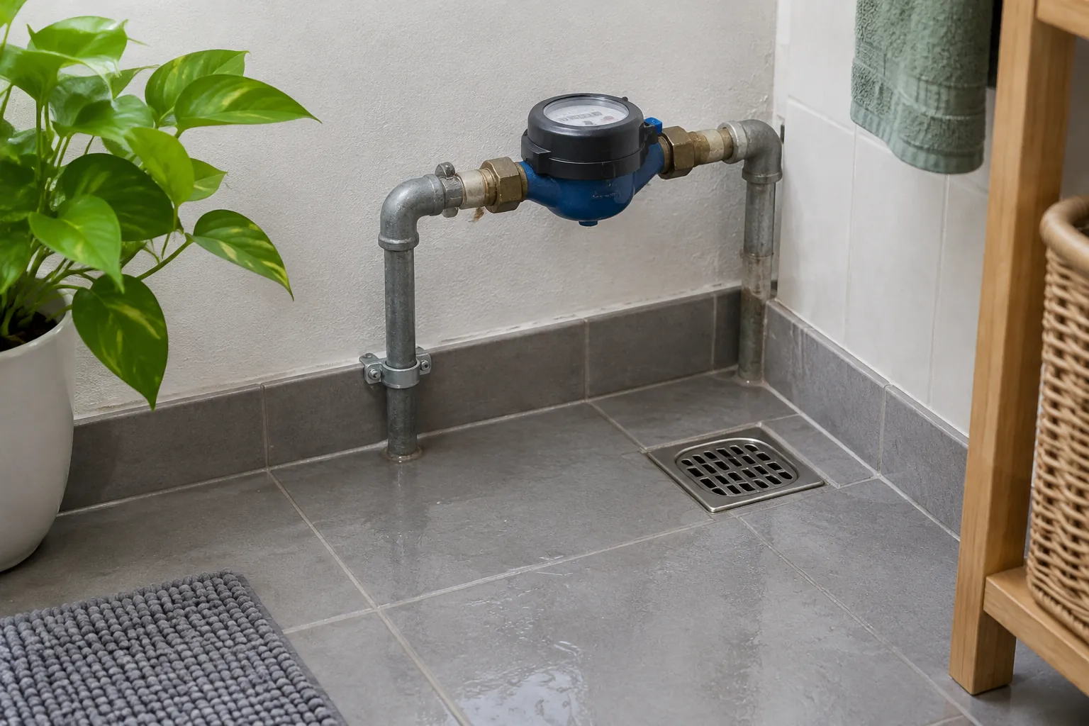 Meter air dan pipa terpasang pada dinding kamar mandi