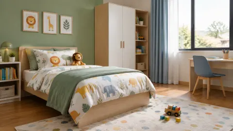 Kamar anak dengan dinding hijau dan perlengkapan berwarna cerah