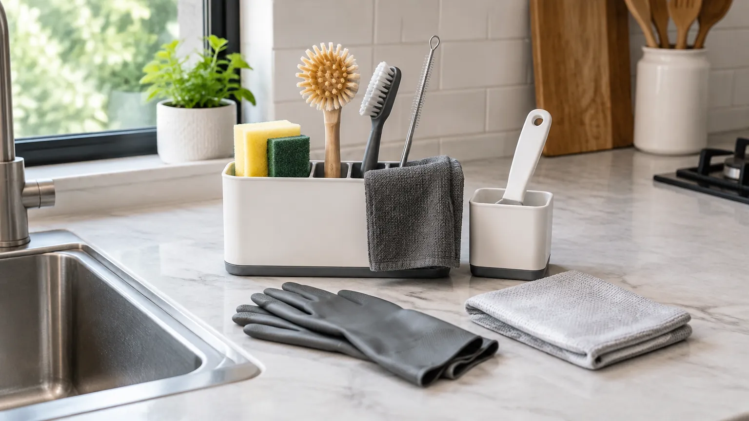 Alat pembersih dapur tersusun di samping bak cuci