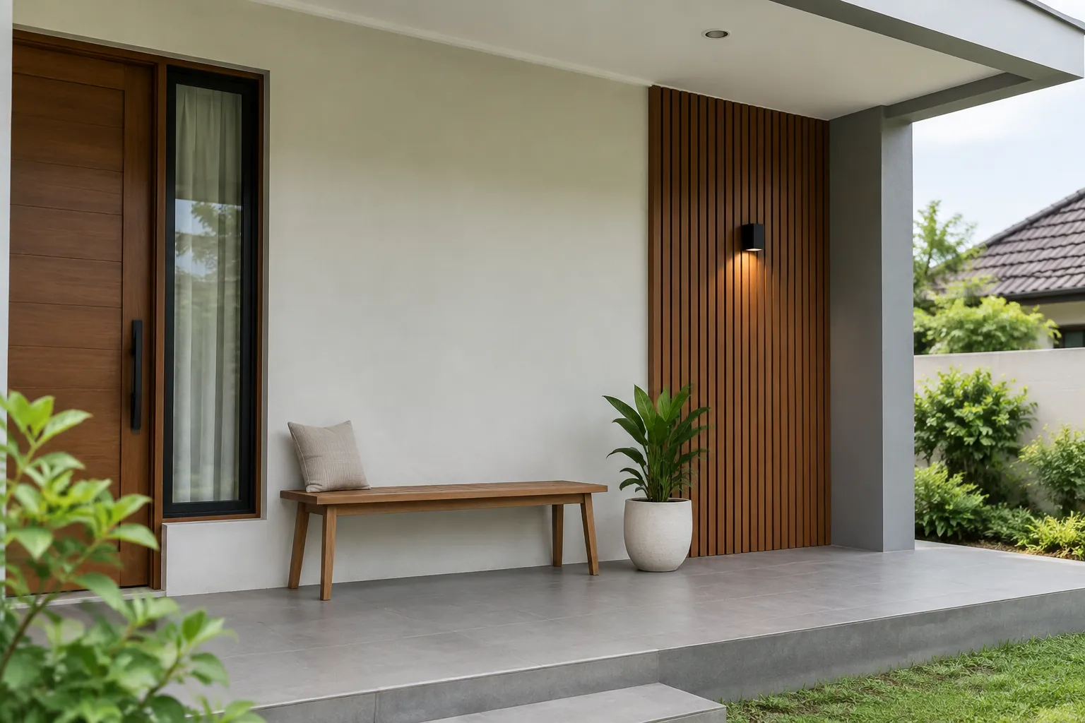 Dinding kayu dan bangku kecil pada teras rumah beratap