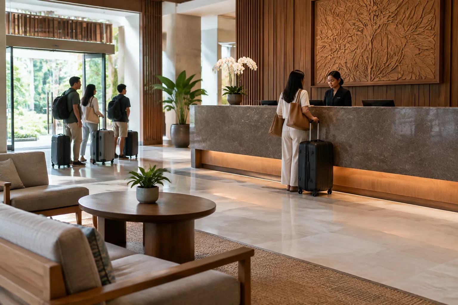 Tamu dengan koper di meja penerima tamu hotel