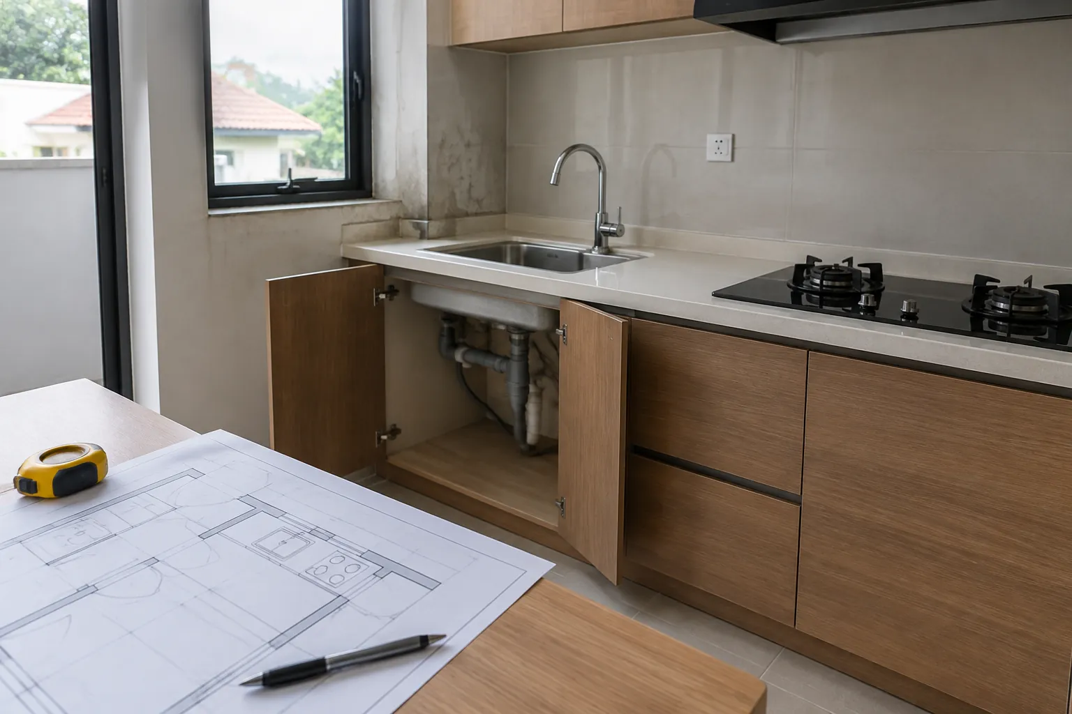 Kabinet dapur di dekat wastafel dengan gambar denah