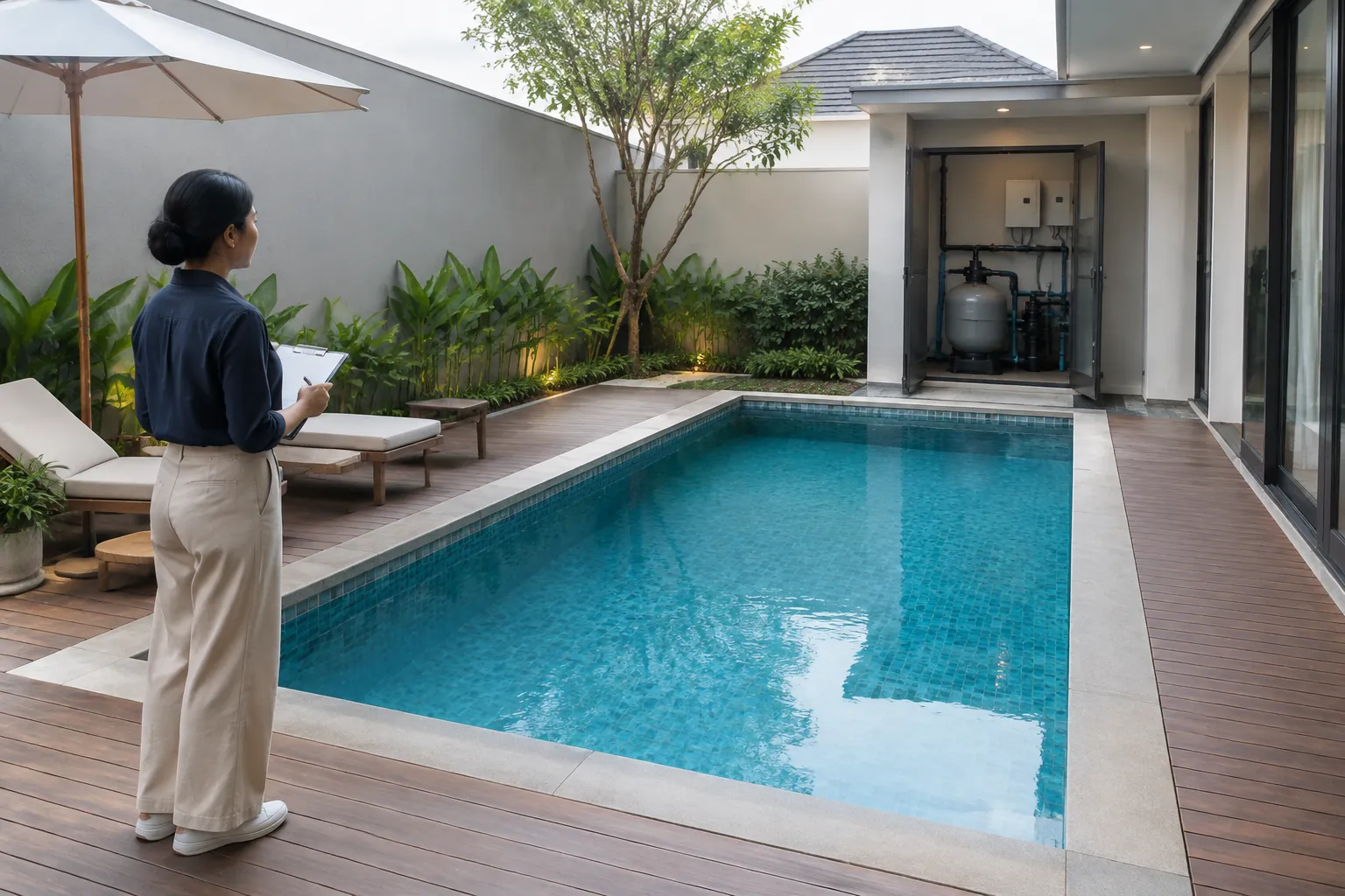 Kolam, deck, dan pintu ruang mesin berada pada satu halaman rumah