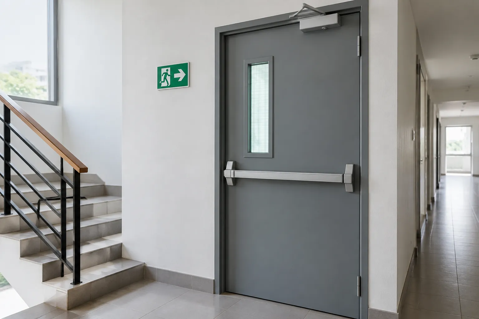Pintu logam dengan palang dorong di dekat tangga
