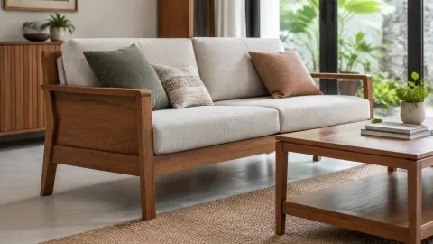 Sofa kayu dengan bantalan terang di ruang keluarga