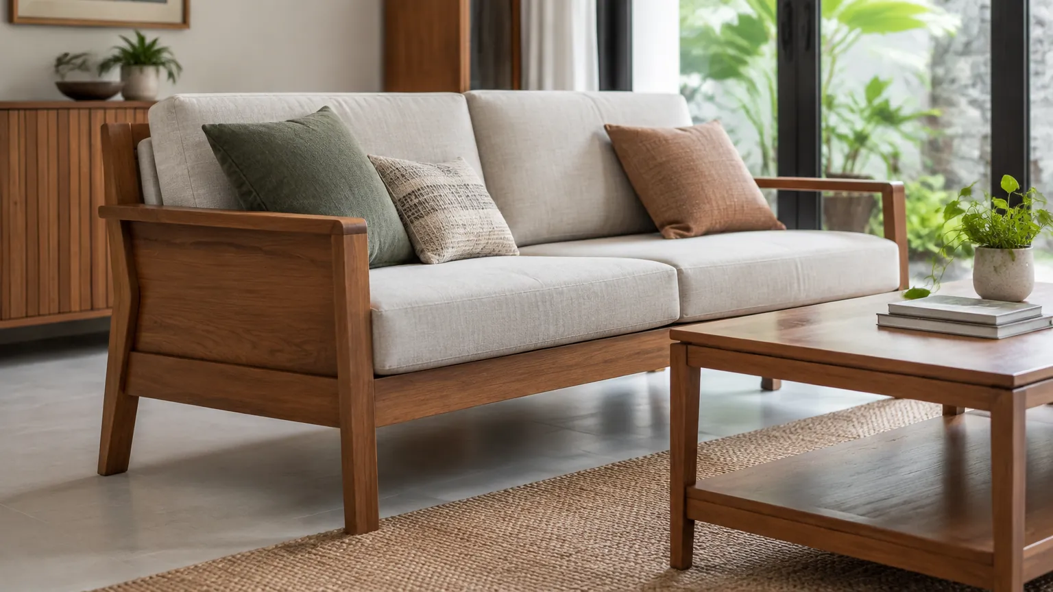 Sofa kayu dengan bantalan terang di ruang keluarga