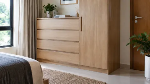 Kabinet laci kayu di dalam kamar tidur