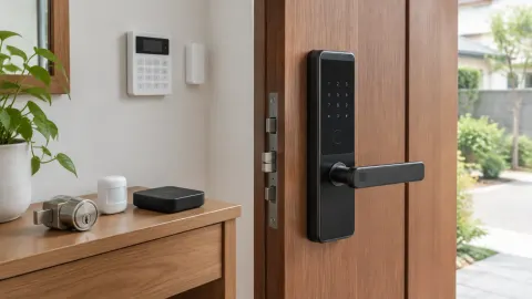 Pintu kayu dengan kunci digital dan panel kontrol di dekatnya