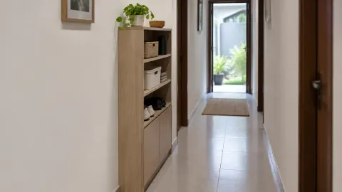 Rak terbuka di sisi lorong rumah yang sempit