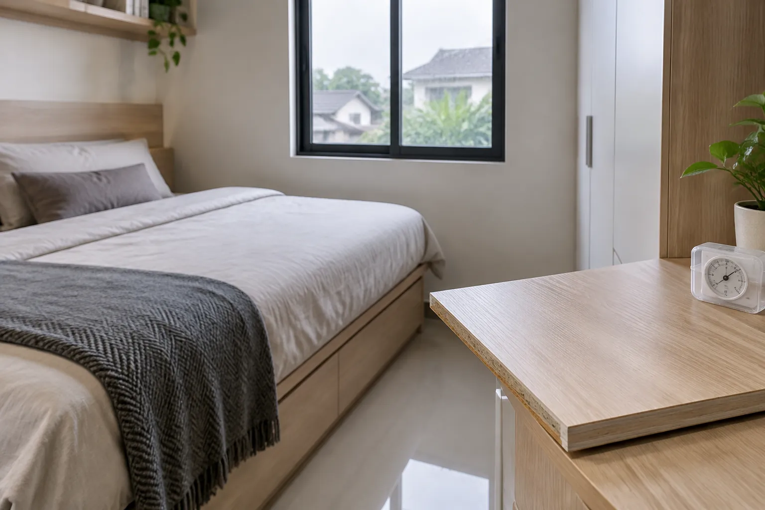 Tempat tidur dan meja kecil di kamar yang sempit