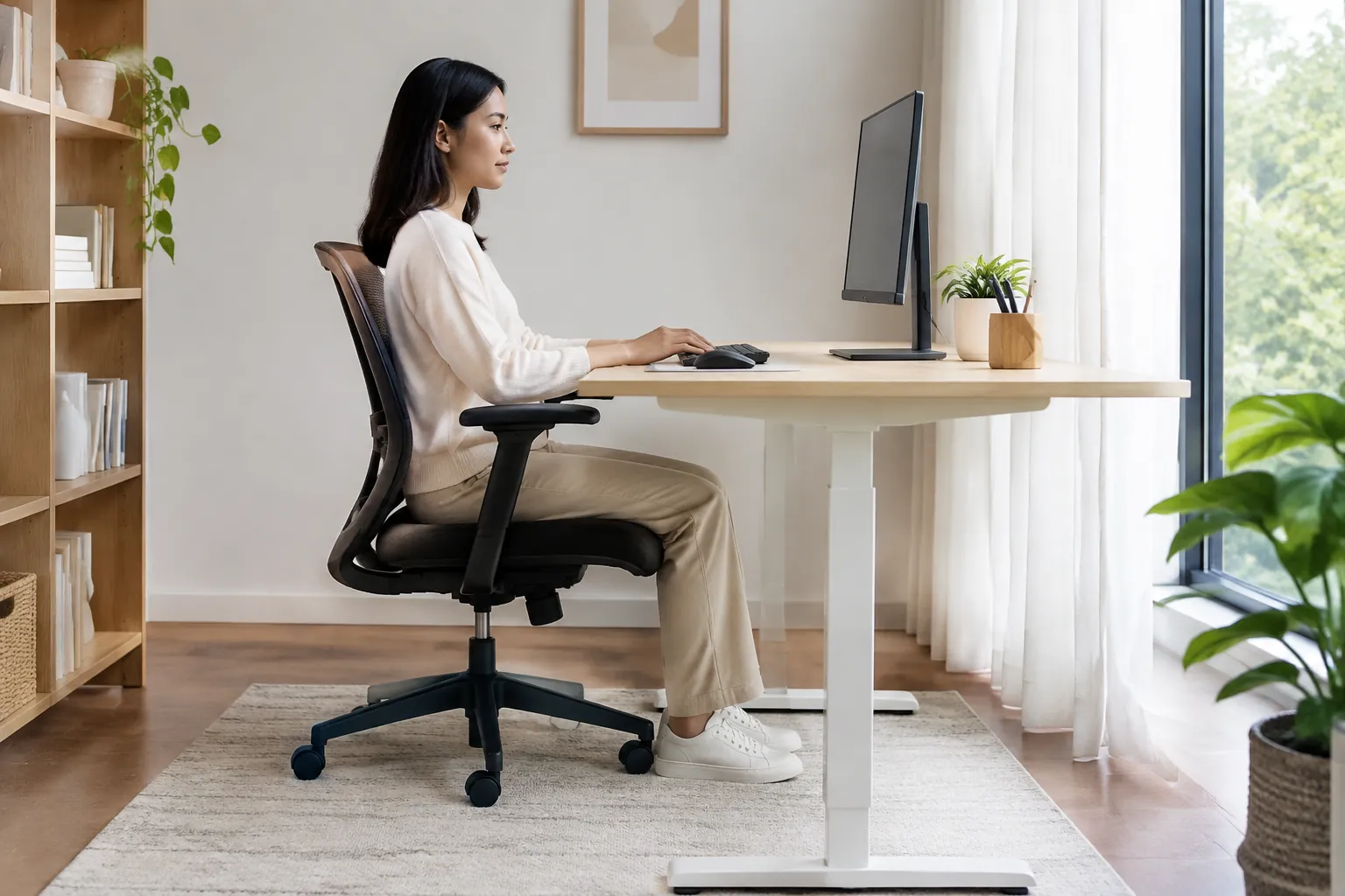 Seseorang duduk bekerja di depan monitor pada meja dekat jendela