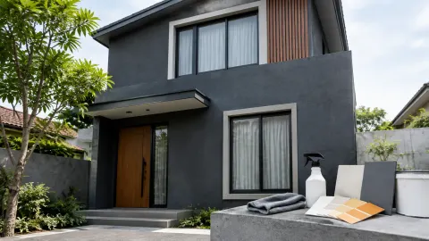 Fasad rumah berwarna gelap dengan contoh bahan di halaman