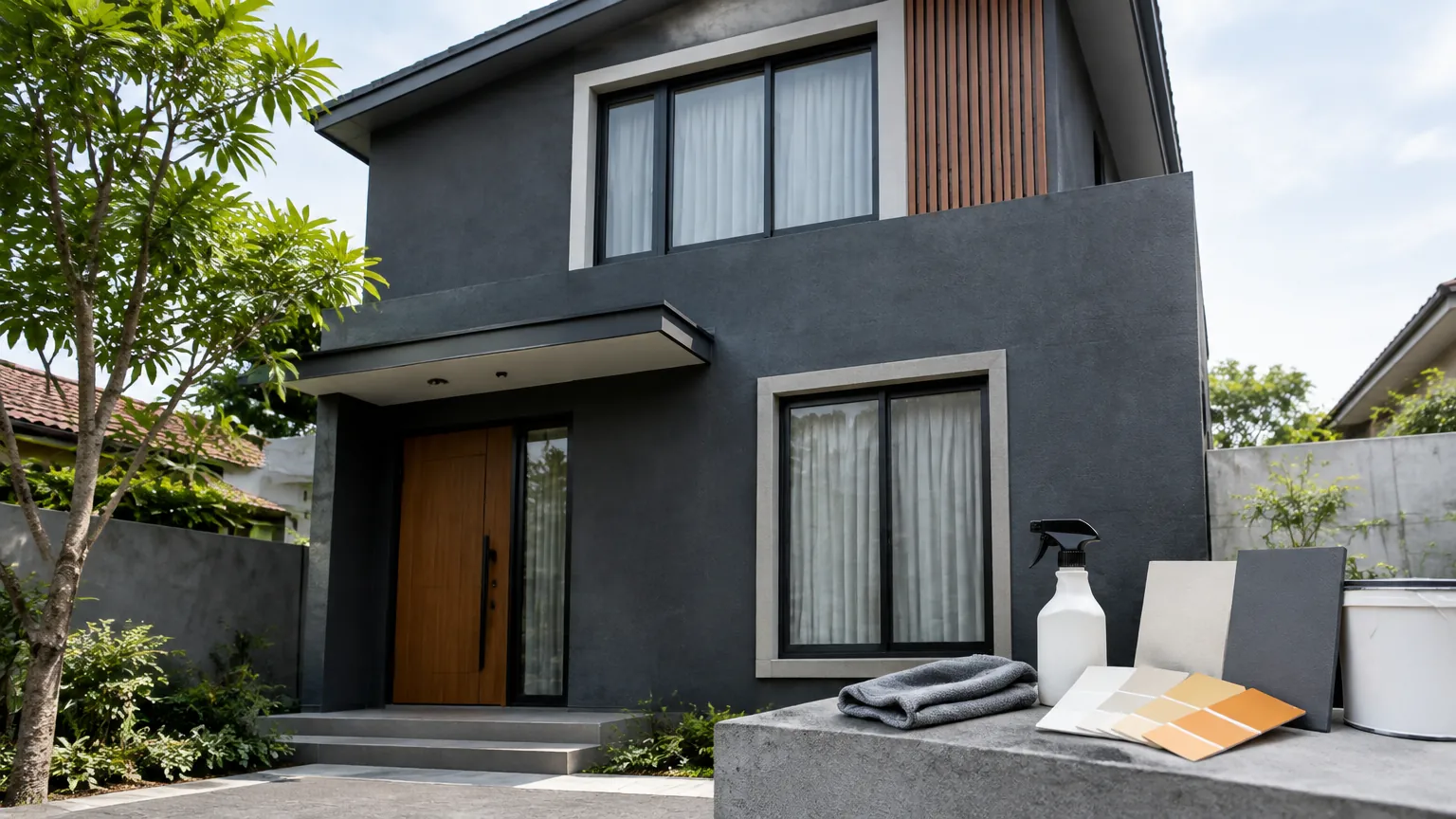 Fasad rumah berwarna gelap dengan contoh bahan di halaman