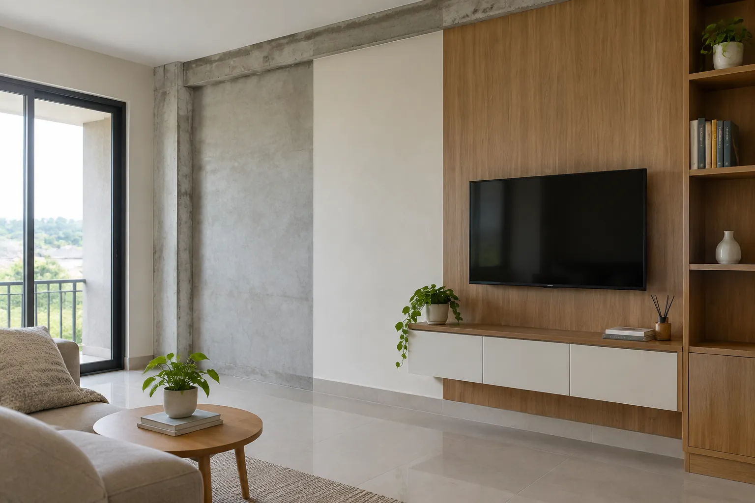Ruang keluarga dengan dinding beton dan panel kayu di sisi televisi