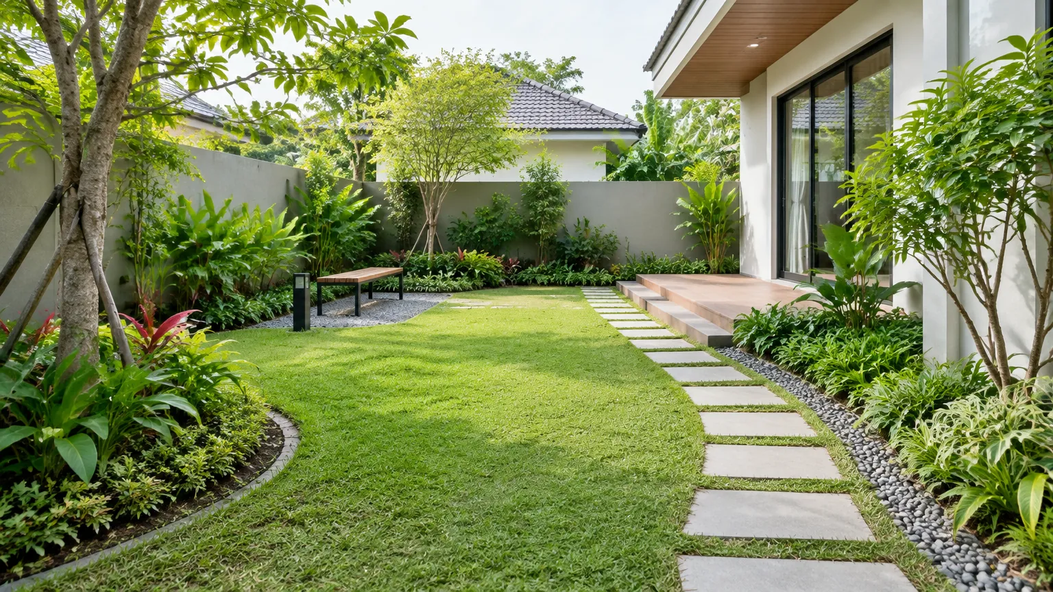 Taman rumah dengan rumput, tanaman tepi, dan jalur pijakan