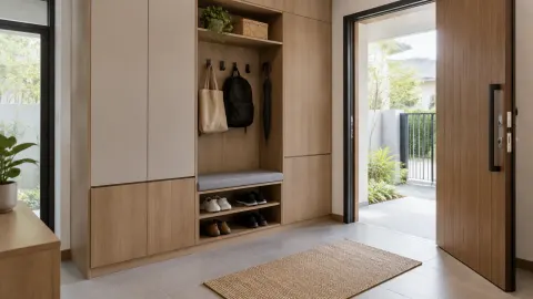 Foyer dengan lemari sepatu dan gantungan baju terpasang