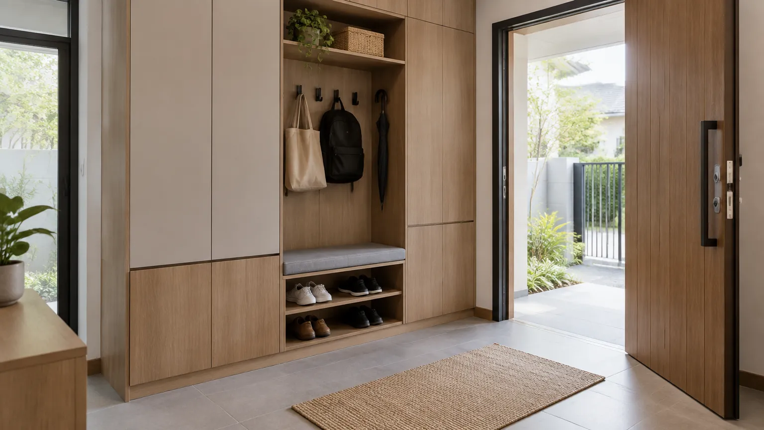 Foyer dengan lemari sepatu dan gantungan baju terpasang