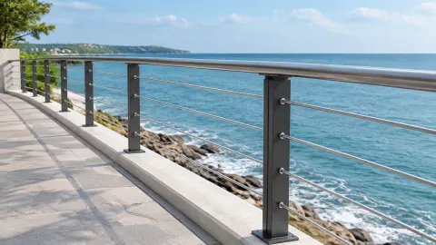 Railing logam pada jalur tepi laut yang terkena cuaca