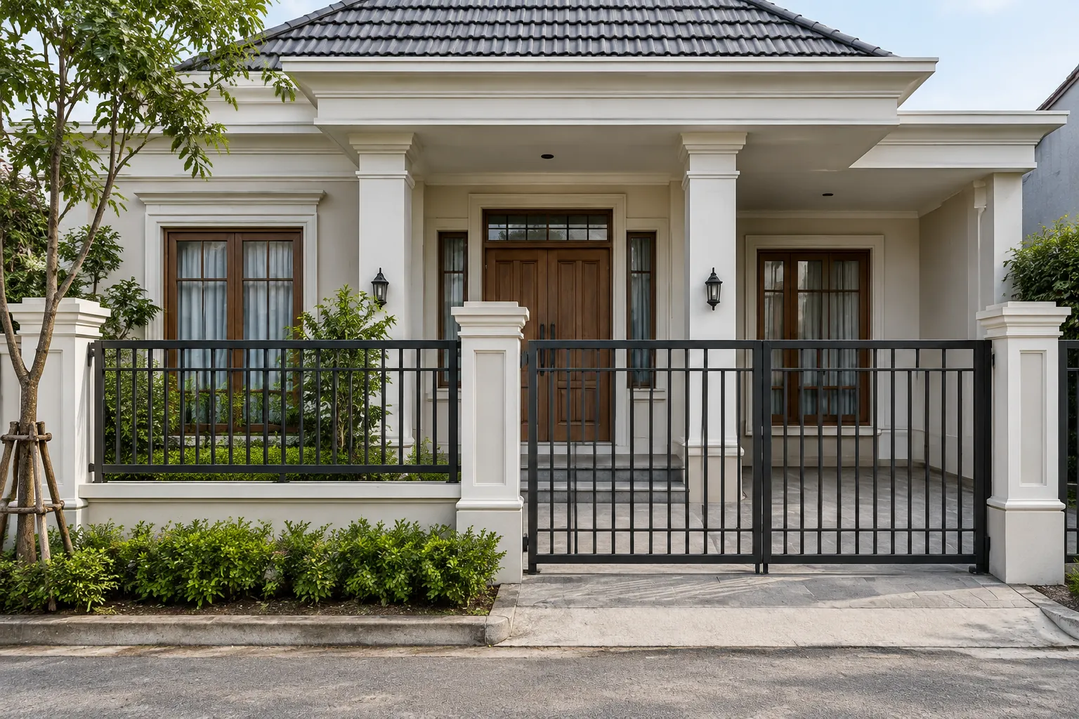 Rumah bergaya klasik dengan pagar logam di depannya