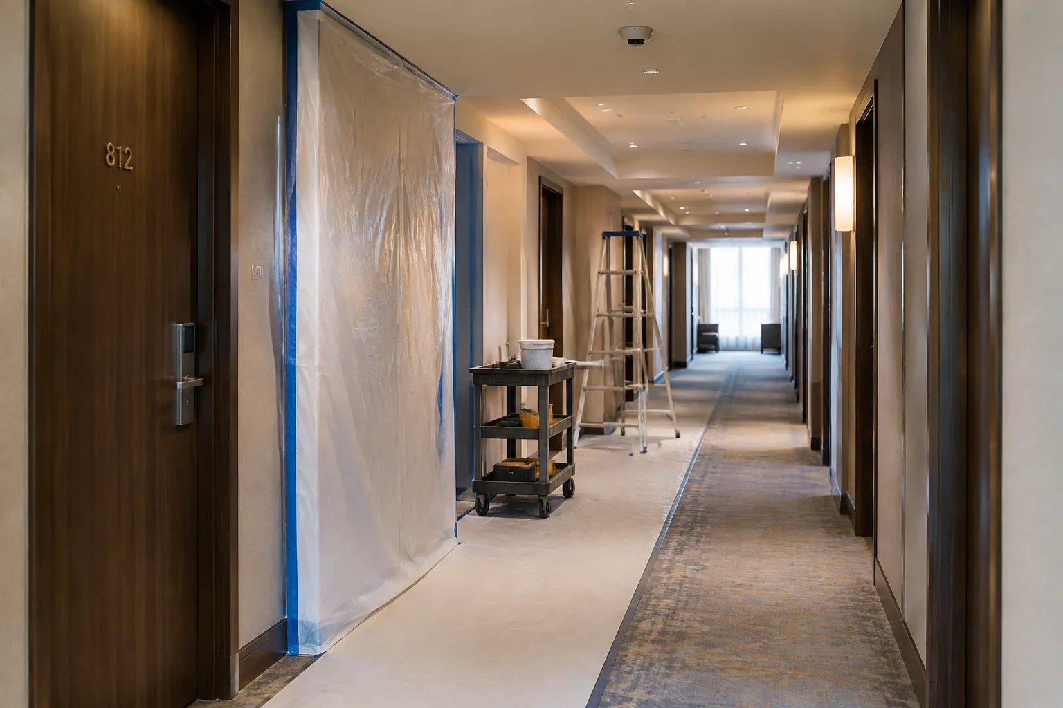 Koridor kamar hotel yang ditutup sebagian untuk pekerjaan renovasi