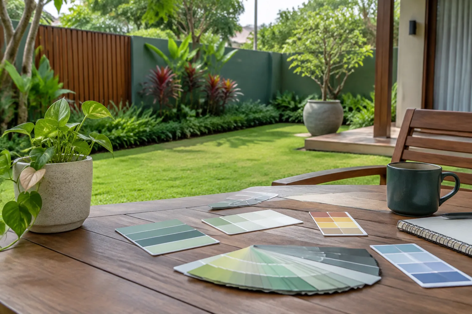 Sampel warna di meja dengan taman rumah di belakang