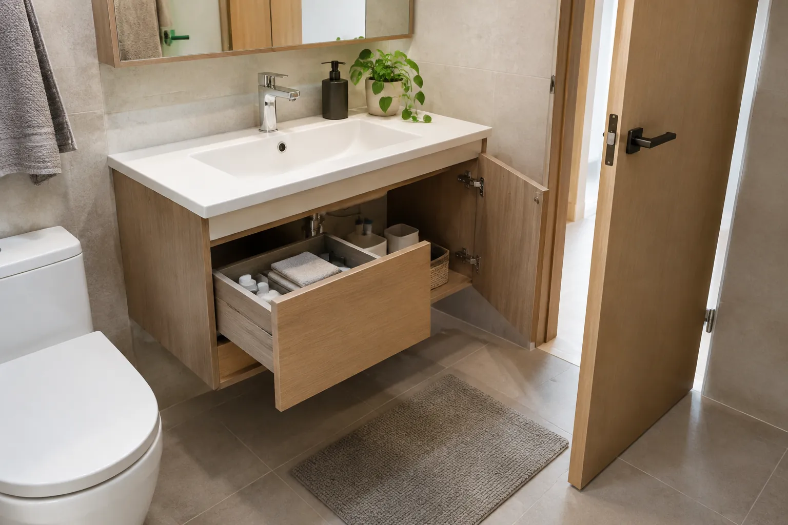 Laci kabinet wastafel ditarik keluar di ruang kamar mandi yang sempit