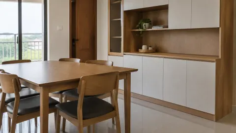 Meja makan dan kabinet penyimpanan dalam satu ruang