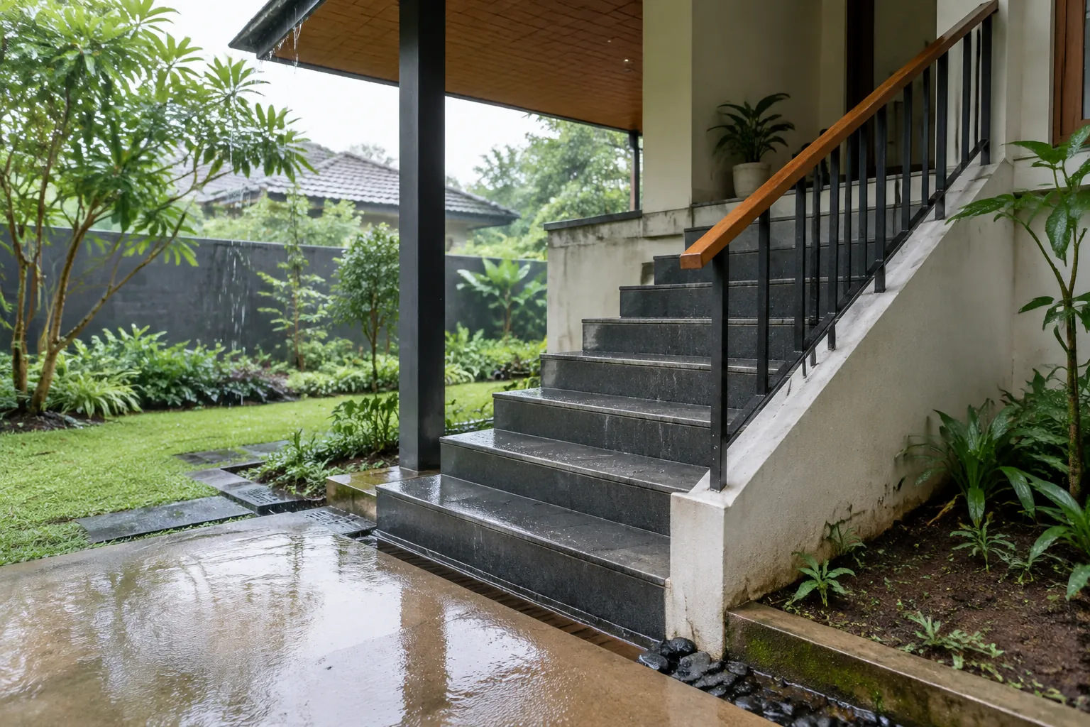 Tangga luar rumah basah dan berdekatan dengan jalur air