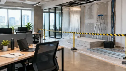 Renovasi kantor dibatasi pita di samping meja kerja